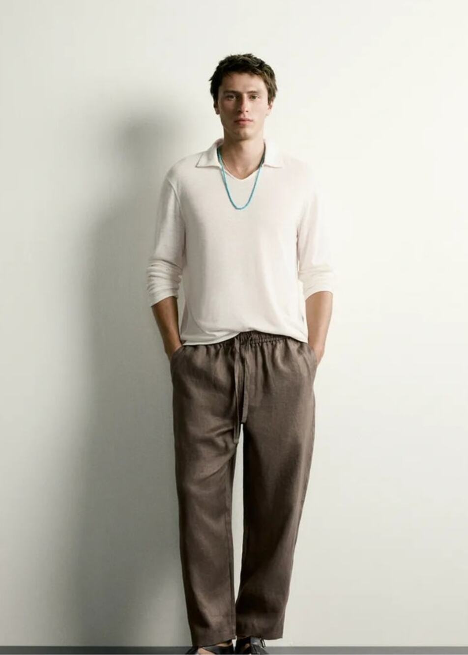 Zara Mens Trousers Pants Large US 33 Brown Linen Relaxed Fit 4410/122 NWOT